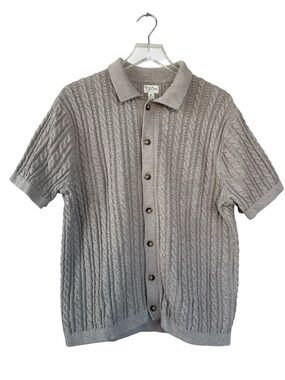 J.Crew Cable Knit Short Sleeve Cardigan Sweater Polo Taupe Cotton Size M